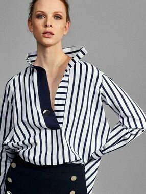 Ryegrass NWT Womens Size 1X White/Navy Striped Button Collared V-Neck Long Slee